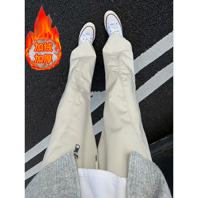米白色银狐绒软壳冲锋裤男秋冬季
