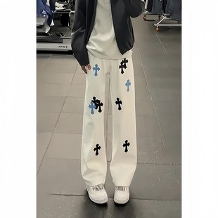 十字架贴标刺绣牛仔裤男款美式高街vibe裤子高腰提档直筒微喇长裤