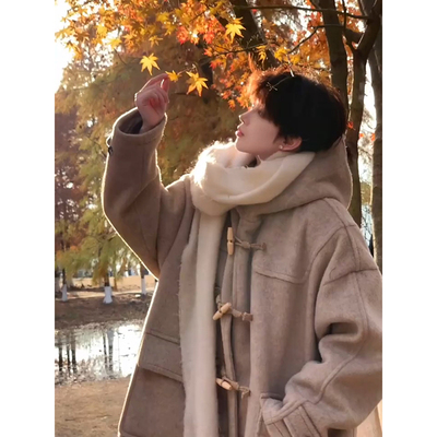 韩版痞帅牛角扣大衣男款秋冬连帽