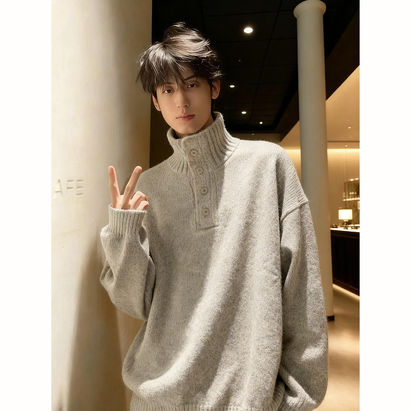 可翻领高领纽扣毛衣秋冬季男生