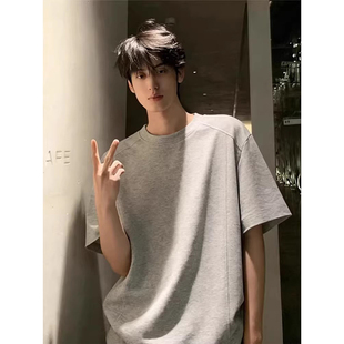 麻灰色美式正肩boxy短袖男款重磅高级感t恤解构拼接小领口五分袖