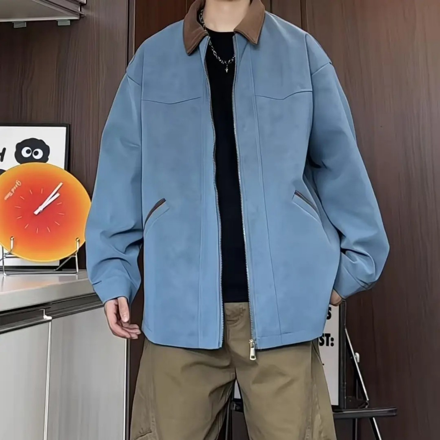 蓝色美式巴恩风夹克男秋季撞色