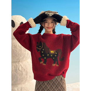 保暖圆领打底衫 圣诞穿搭慵懒针织衫 冬季 本命年马年红色毛衣男女款