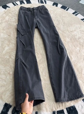 灰色解构斜切牛仔裤男秋冬美式褶皱加绒裤子青少年加厚弯刀工装裤
