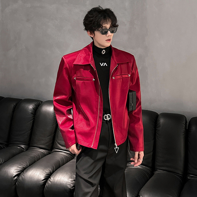 酒红色亮面西装外套美式垫肩短款