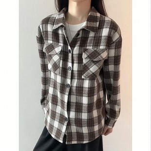 美式复古毛呢格子衬衫男款秋冬重磅加厚翻领夹克cleanfit情侣外套