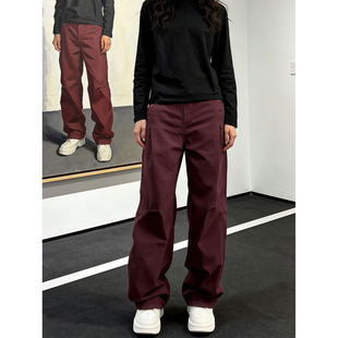 酒红色高级感裤子酷飒风美式复古cleanfit裤子男款直筒压褶伞兵裤