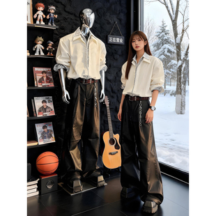 白色拼接假两件衬衫男款冬季高级感痞帅长袖衬衣叠穿内搭情侣外套