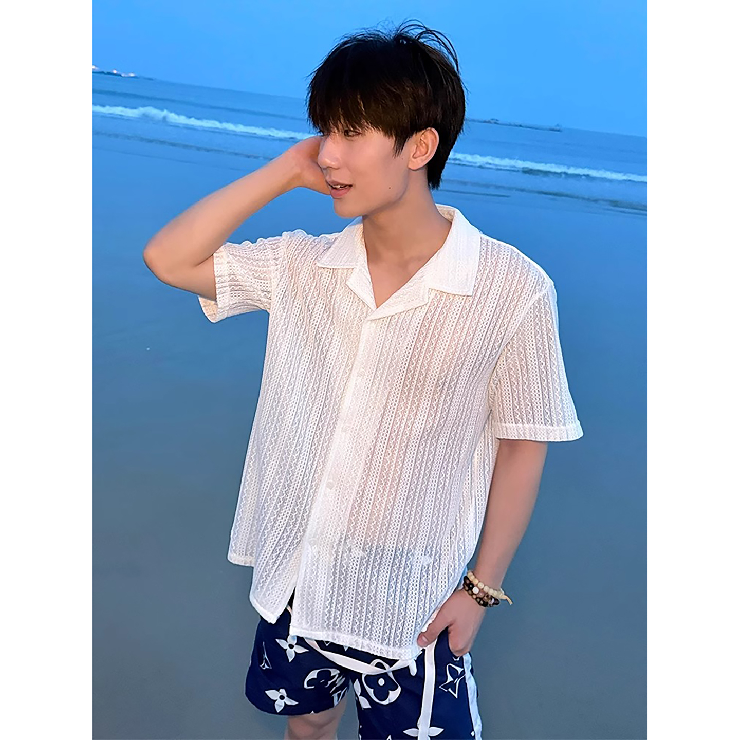 古巴领镂空针织短袖衬衫男款夏季
