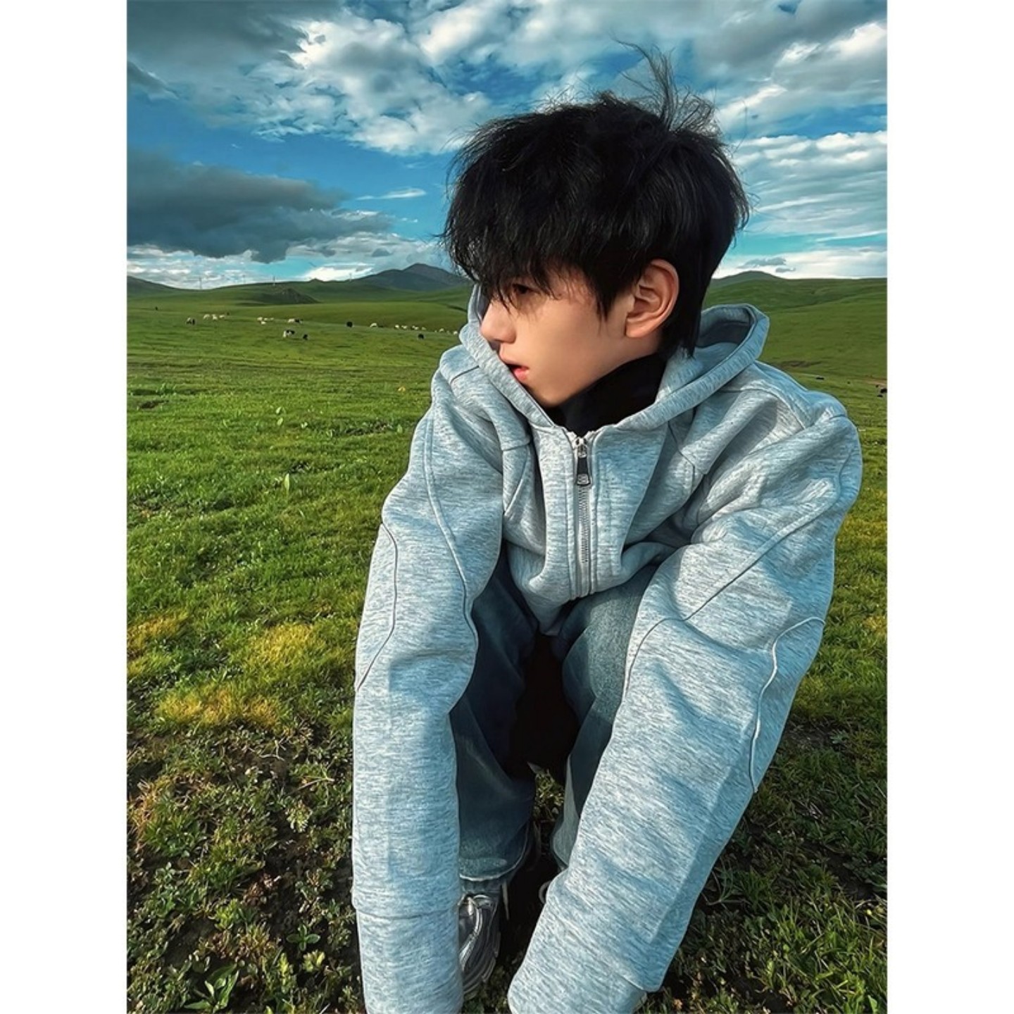 灰色短款解构连帽卫衣男款美式