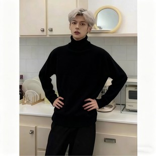 韩系高级感加绒毛衣男冬季 外套 加绒加厚大衣内搭黑色高领针织线衫