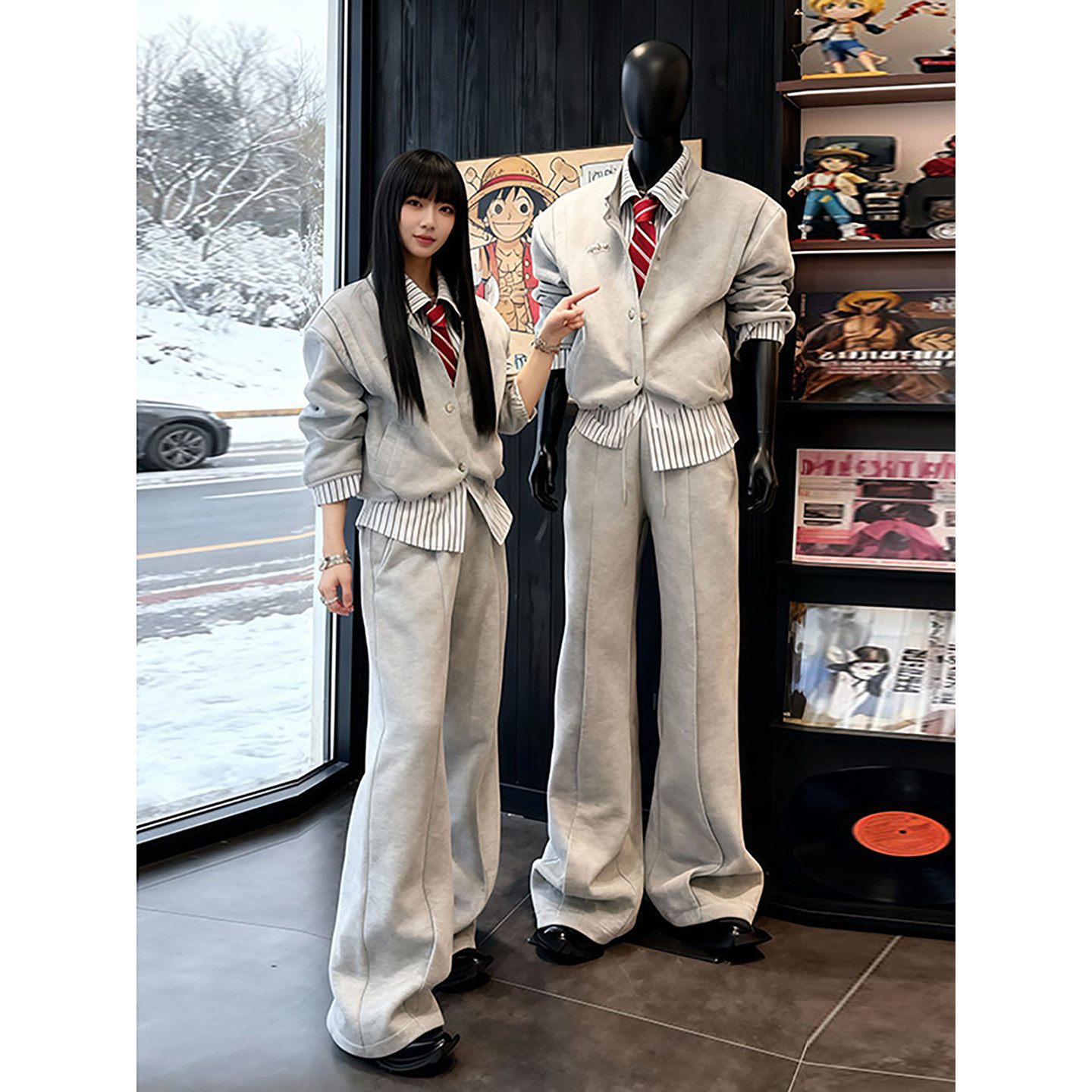 韩系假两件拼接衬衫卫衣卫裤男生高级感痞帅中性风穿搭冬运动套装,男装,时尚套装,淘宝优惠券,粉丝福利购,淘宝优惠卷