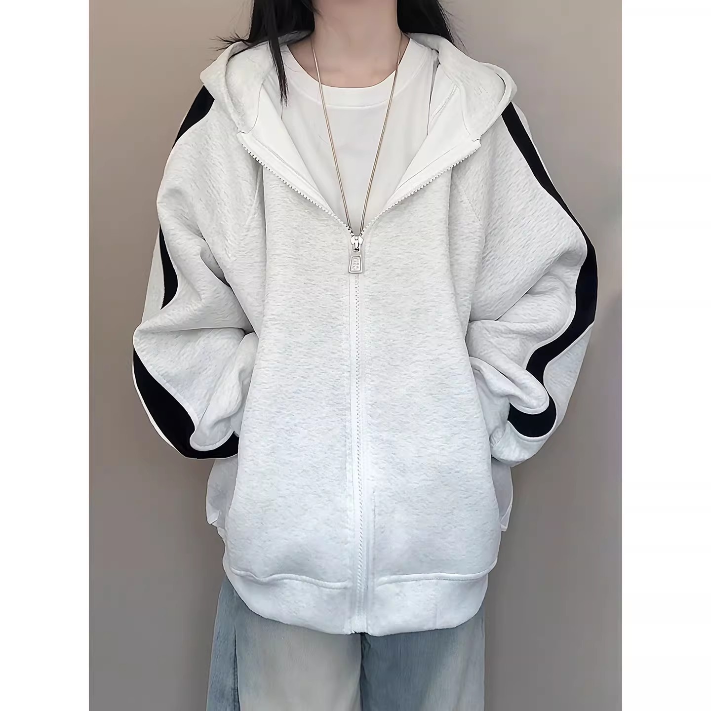 白灰色条纹开衫卫衣男女款秋冬