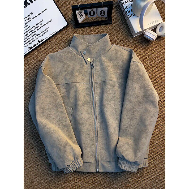 灰色扎染pu皮衣外套男款春季美式加绒加厚棉衣cleanfit飞行员夹克