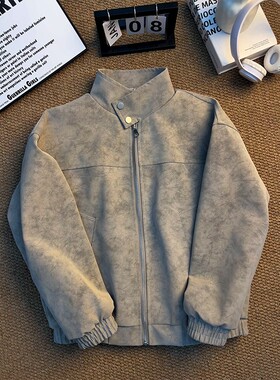 灰色扎染pu皮衣外套男款春季美式加绒加厚棉衣cleanfit飞行员夹克