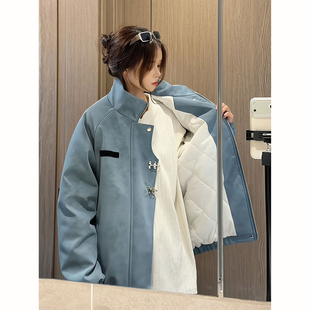 蓝色扎染皮衣棉服男女款冬季美式飞行夹克外套立领加厚棒球服棉衣