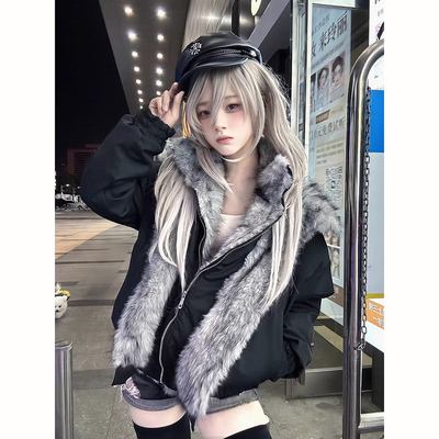 黑色双层领冬季座山雕外套男女