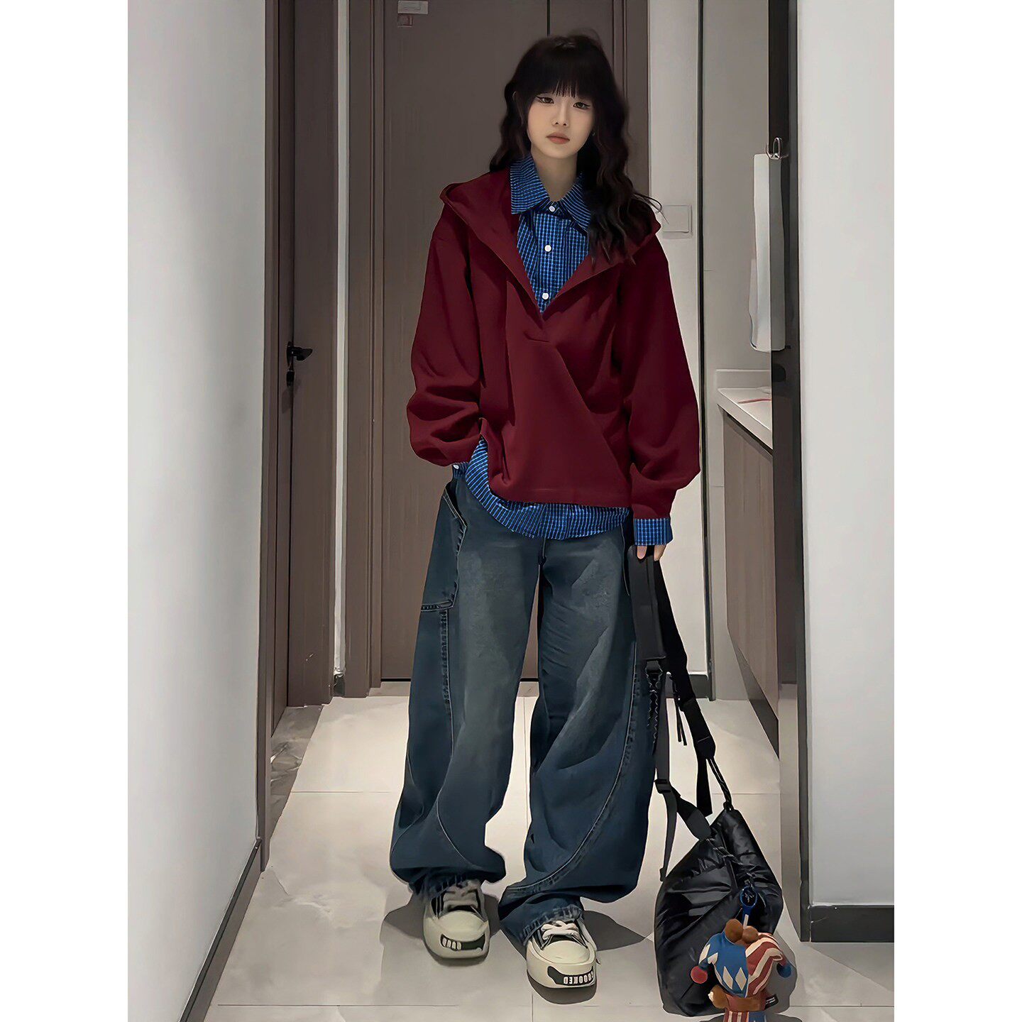 红色假两件连帽卫衣男款春季美式格子长袖polo衫cleanfit情侣外套