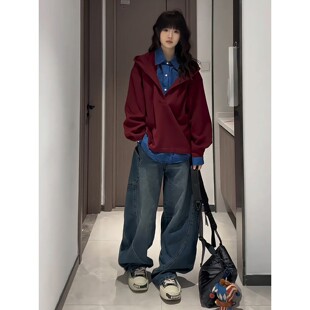 红色假两件连帽卫衣男款春季美式格子长袖polo衫cleanfit情侣外套