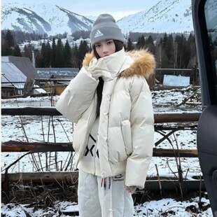 米白色大毛领连帽羽绒棉服男女款冬季加厚东北零下40度防寒面包服