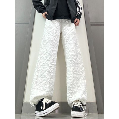 白色菱形格夹棉保暖裤男款冬季