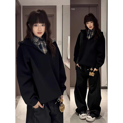 美式复古假两件连帽卫衣男女冬季