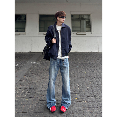 蓝色闪电纹牛仔裤男秋冬季