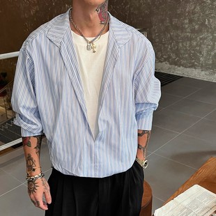老钱风休闲外套莱赛尔蓝白条纹衬衣 男款 浅蓝色假两件V领长袖 衬衫