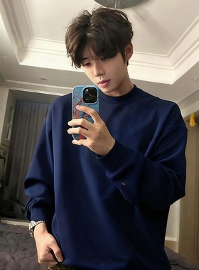 藏蓝色圆领无帽卫衣男款秋冬季美式重磅长袖t恤青少年内搭打底衫