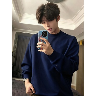 藏蓝色圆领无帽卫衣男款秋冬季