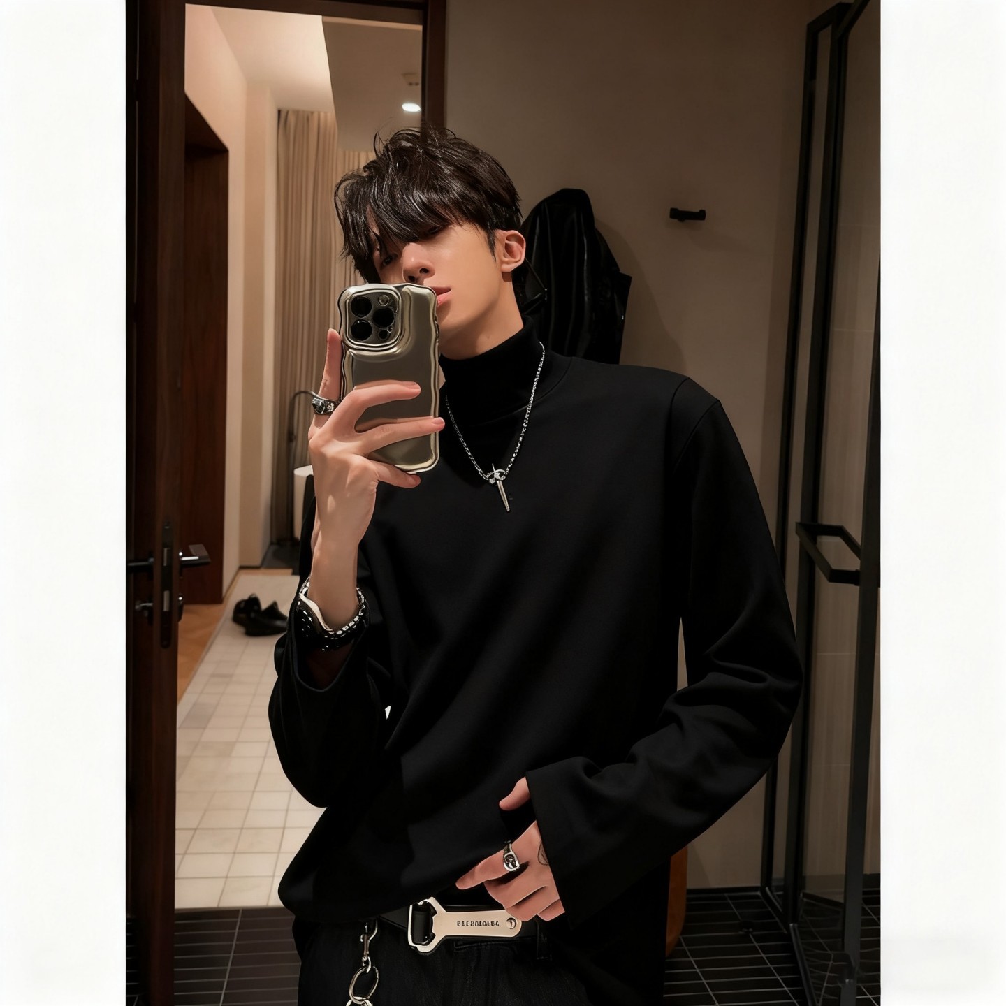 黑色男士德绒打底衫可外穿半高领