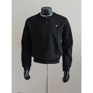 外套重磅正肩打底衫 boxy短款 美式 假两件半拉链字母刺绣卫衣男秋季