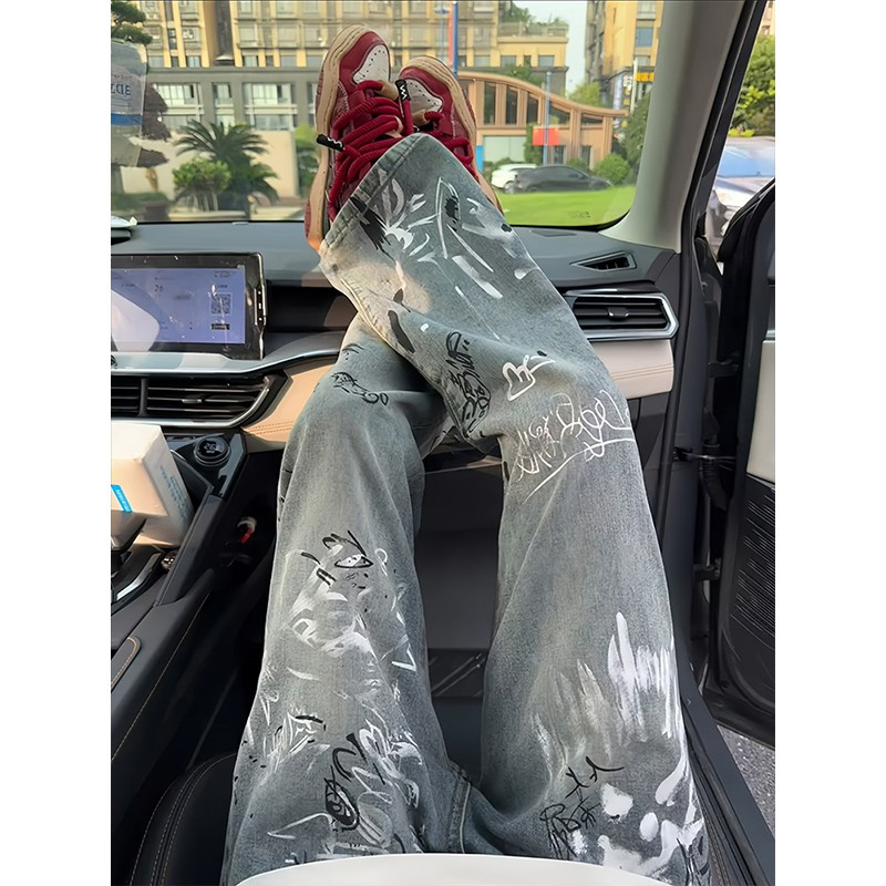 涂鸦泼墨蓝色牛仔裤男款秋冬