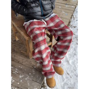 红色加绒加厚格子裤男款秋冬美式复古针织卫裤cleanfit直筒休闲裤