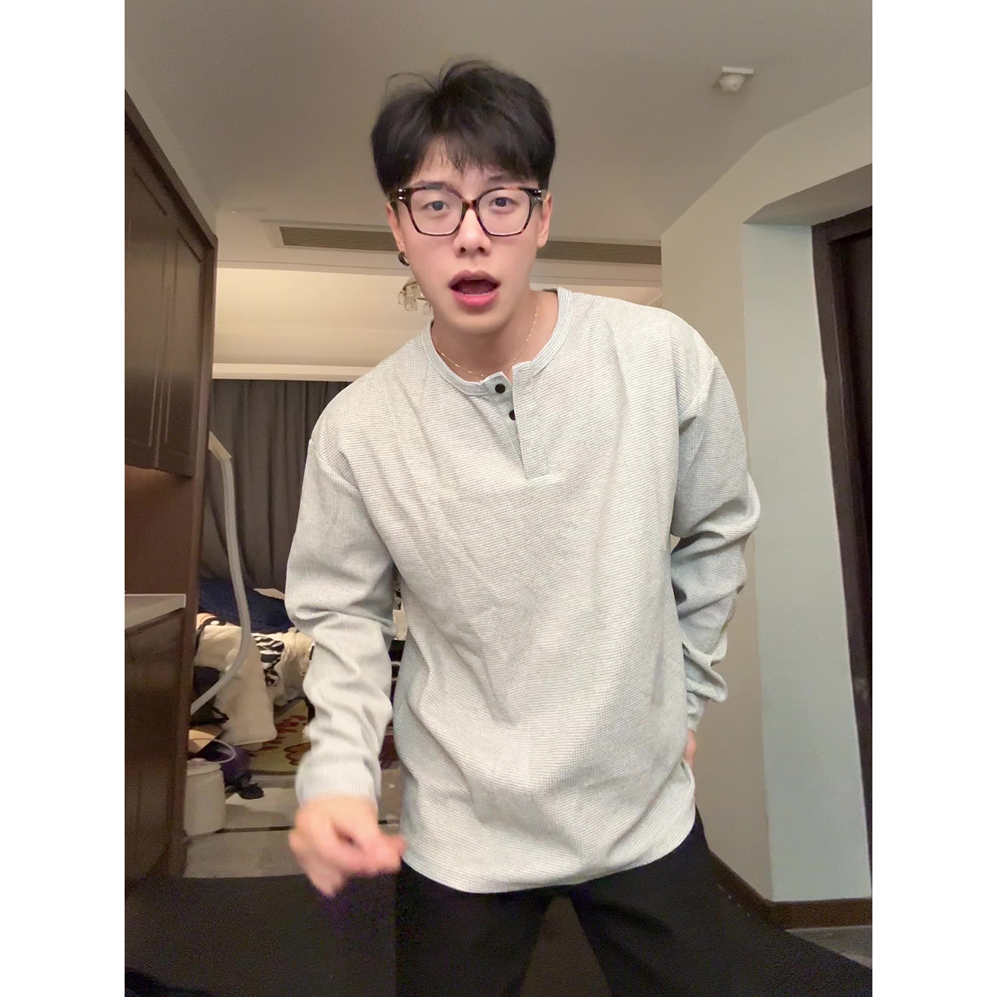 花灰色华夫格长袖t恤秋季polo衫