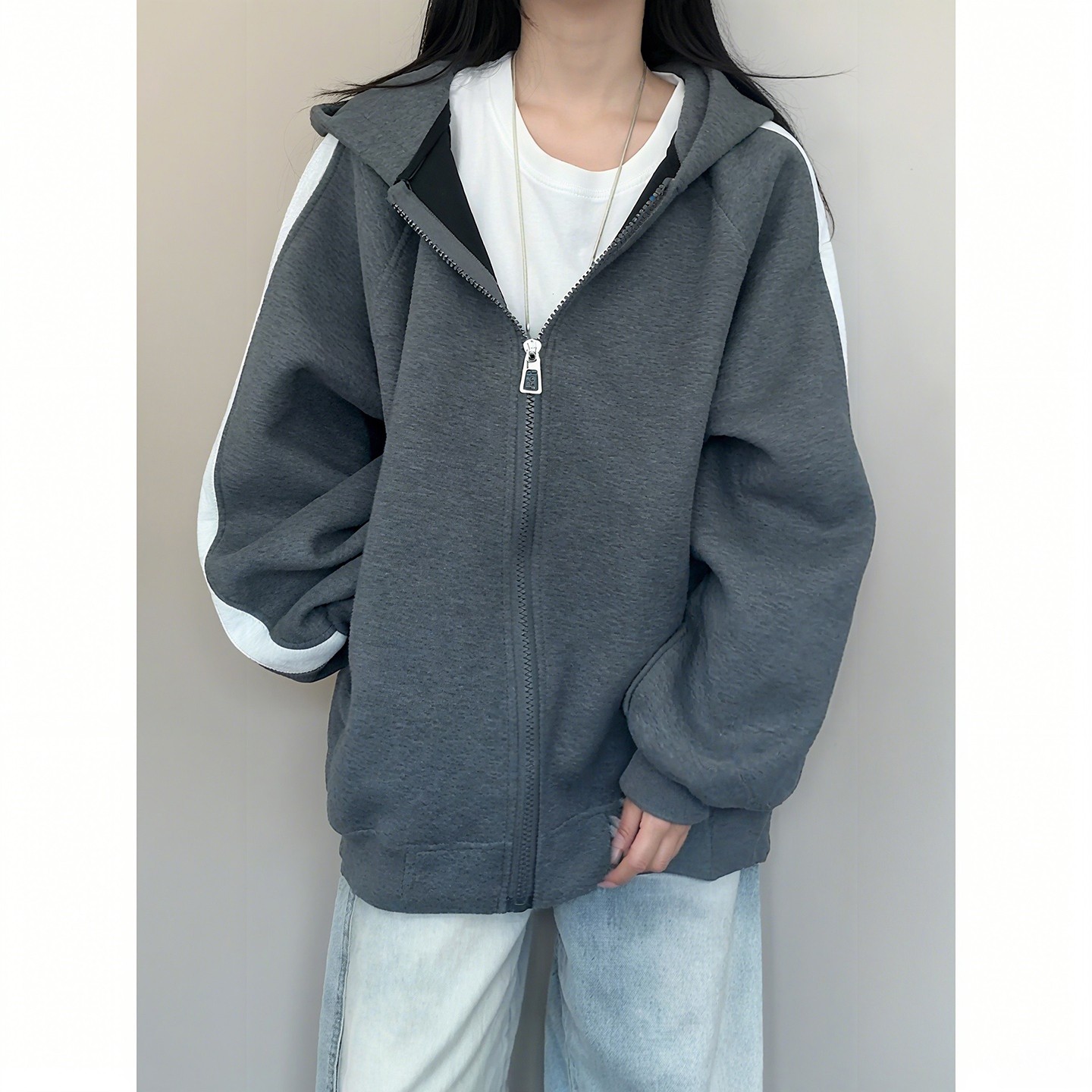 深灰色条纹开衫卫衣男女秋冬