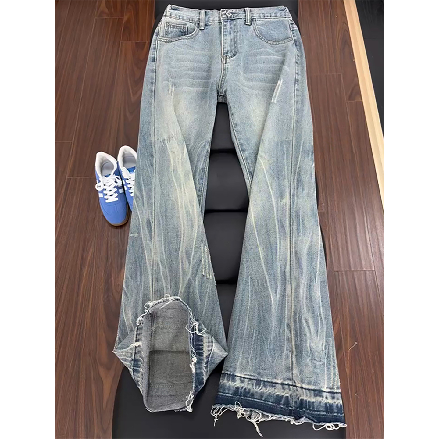 美式复古蓝色闪电纹牛仔裤男秋季