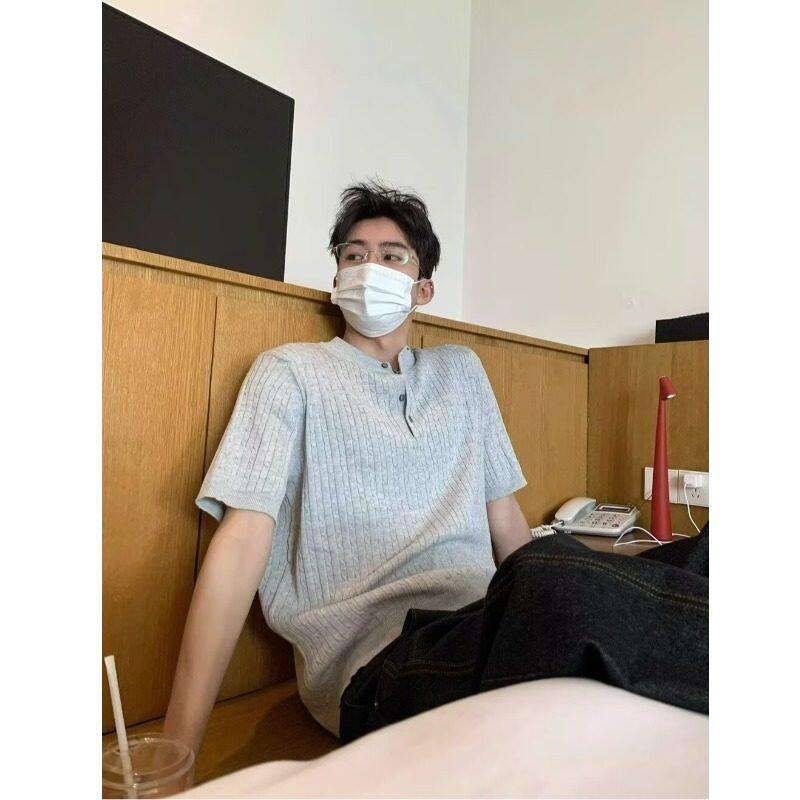 韩版冰丝亨利领针织T恤男夏季老钱风高级感短袖麻花纹休闲五分袖