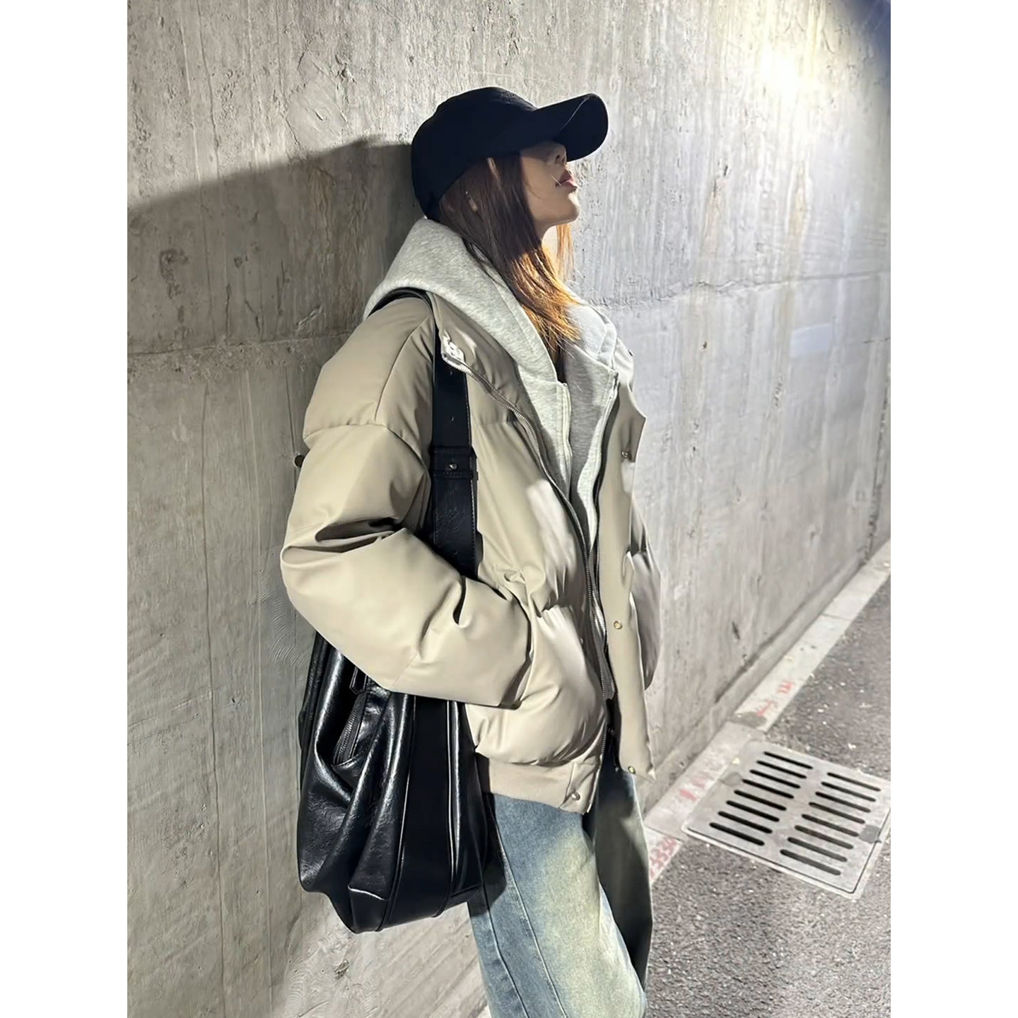 假两件连帽pu皮羽绒棉衣男女冬季