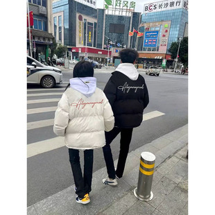 美式高街无帽羽绒服冬季男款加厚保暖面包服潮牌短款立领情侣棉衣