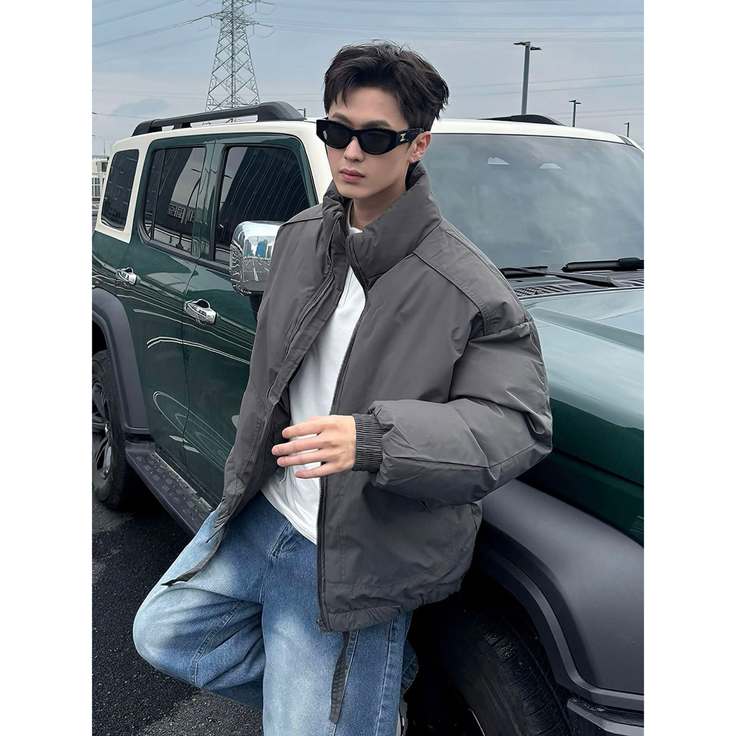 深灰色短款飞行夹克棉服男款冬季