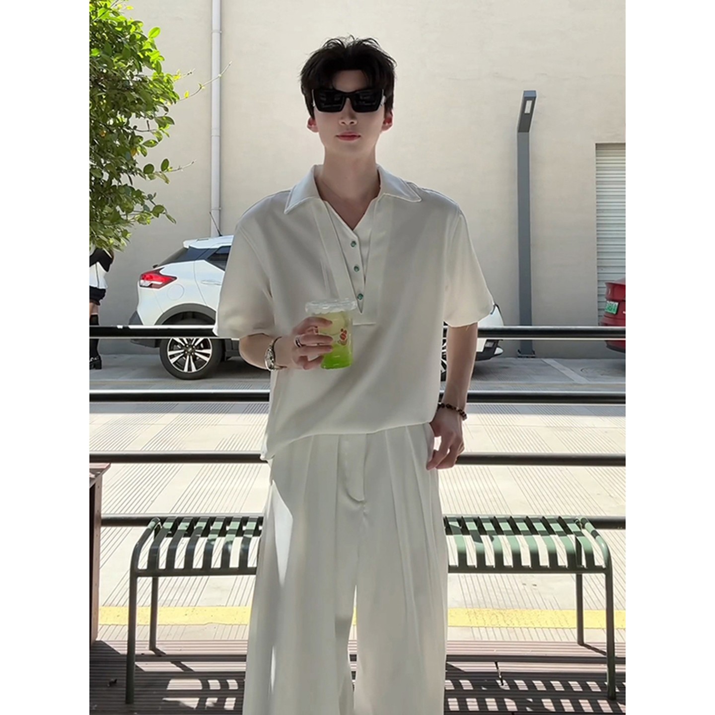 白色假两件v领衬衫短袖男夏季