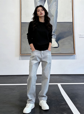 水泥烟灰色微喇牛仔裤男秋冬加绒直筒修身裤子美式高街vibe弯刀裤