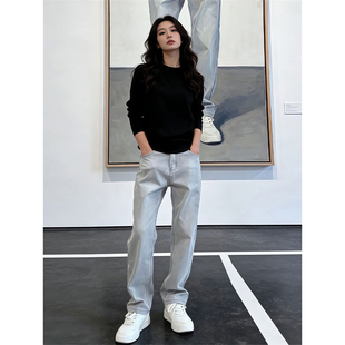 水泥烟灰色微喇牛仔裤男秋冬加绒直筒修身裤子美式高街vibe弯刀裤