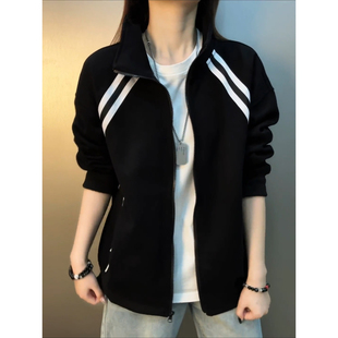 美式cleanfit条纹开衫卫衣男春季学院风立领夹克设计感情侣装外套