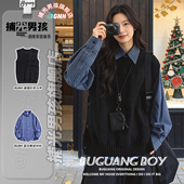 学院风针织马甲男生春季 内搭叠穿两件套格纹衬衫 日系复古背心毛衣