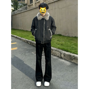 黑色美式弯刀微喇裤子男款冬季加绒加厚牛仔裤显瘦显高加长直筒裤