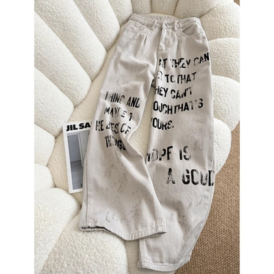 美式高街擦脏阔腿裤男款涂鸦长裤