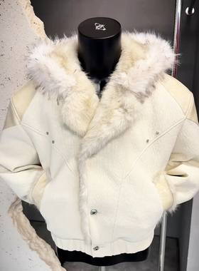 白色拼皮撞色仿貂毛座山雕连帽棉衣男女款青少年酷帅冬装外套棉服