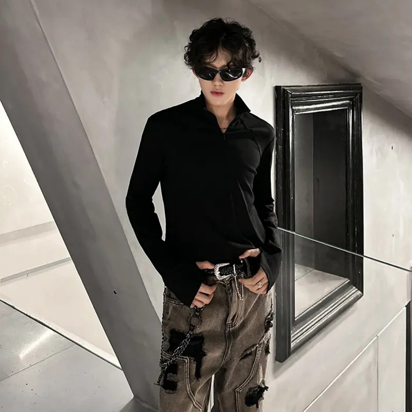 黑色半高领拉链德绒t恤男韩版修身痞帅打底衫设计感正肩长袖卫衣